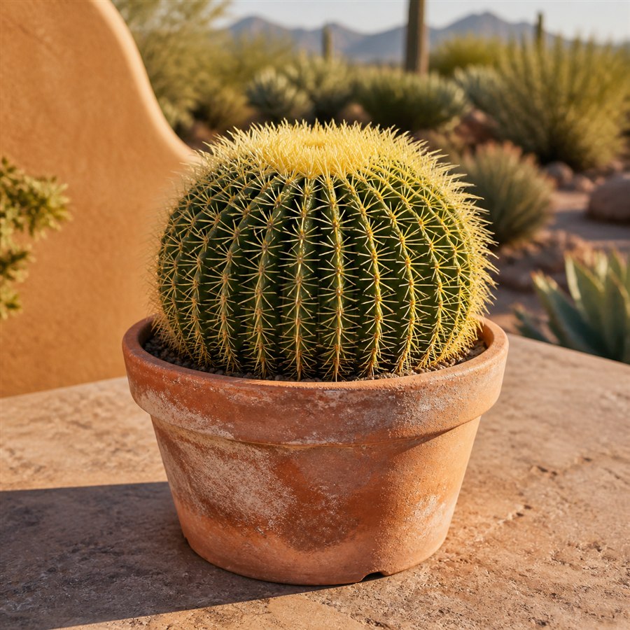 Young golden barrel cactus in a terracotta pot