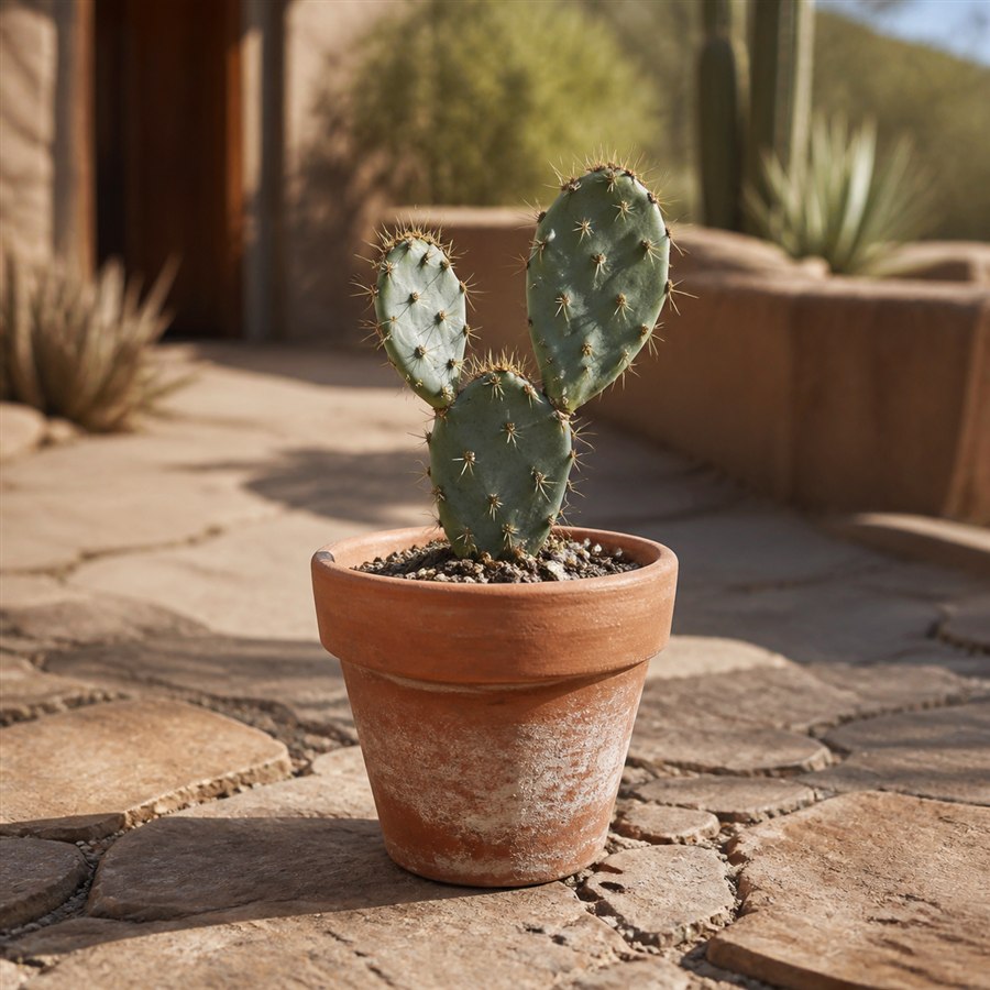 Young Engelmann prickly pear cactus in a terracotta pot